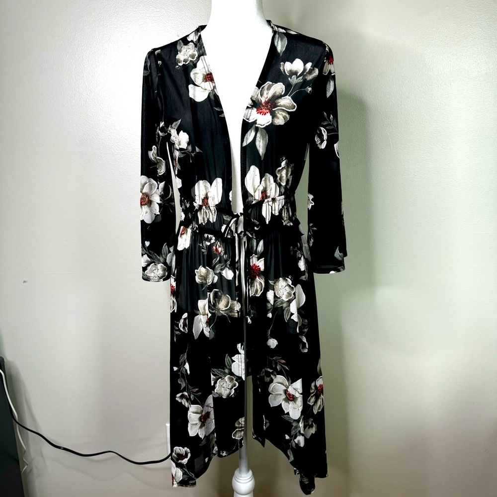 Ember Black & White‎ Sheer Floral Duster Robe Coverup Kimono Bell Sleeves Size M